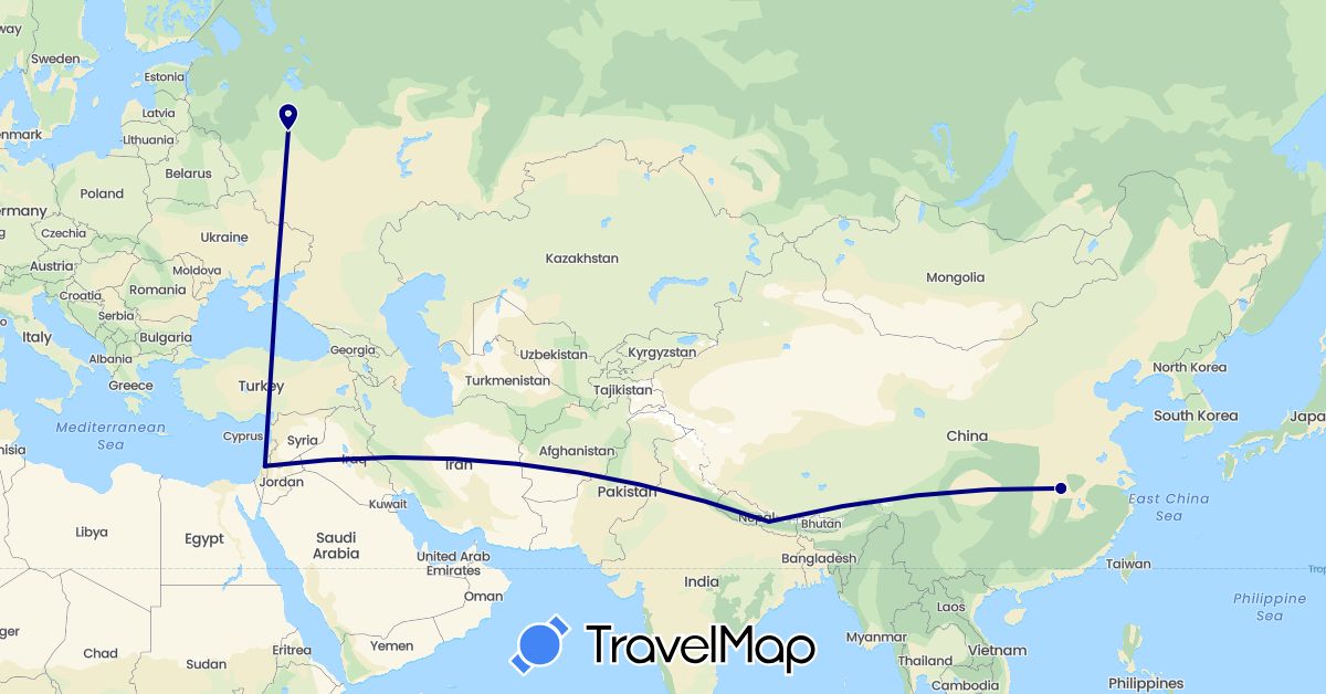 TravelMap itinerary: driving in China, Nepal, Palestinian Territories, Russia (Asia, Europe)
